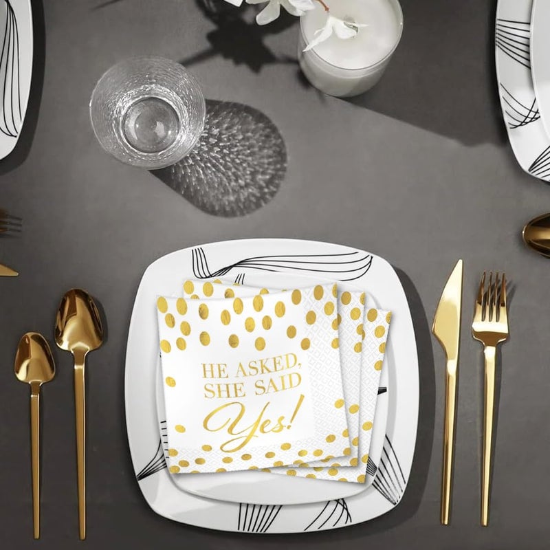 Amscan Elegant Gold & White "He Asked, She Said Yes!" Hot Stamped Beverage Napkins - 5" x 5" (Pack Of 16) | Sturdy Paper Materials | Perfect For Weddings & Engagements Celebrations - Image 3